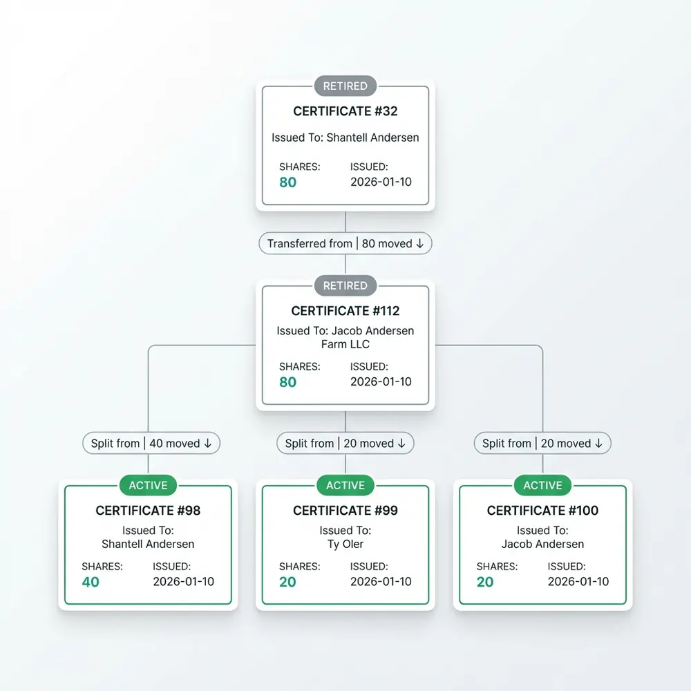 Certificate genealogy tree showing share transfers and splits