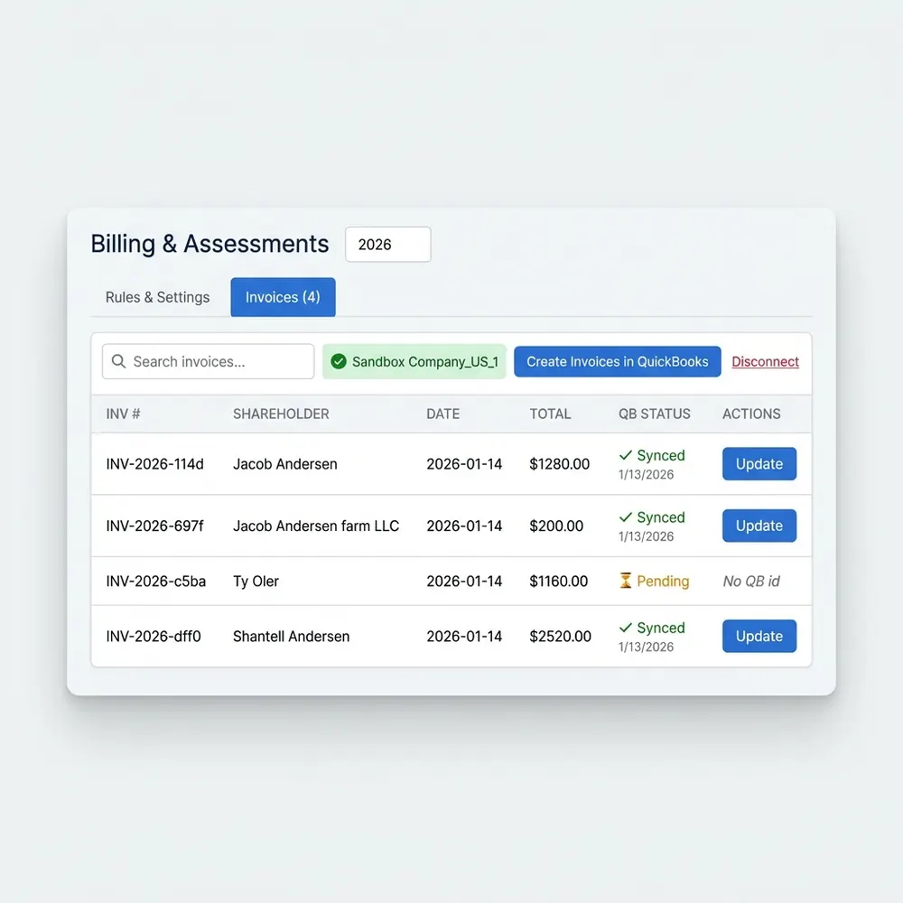 QuickBooks invoice sync showing synced and pending statuses